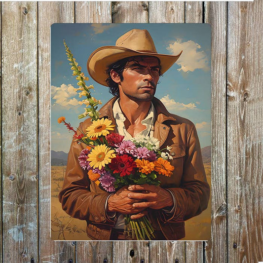 Cowboy holding Flower Bouquet Western | Metal Sign Plaque