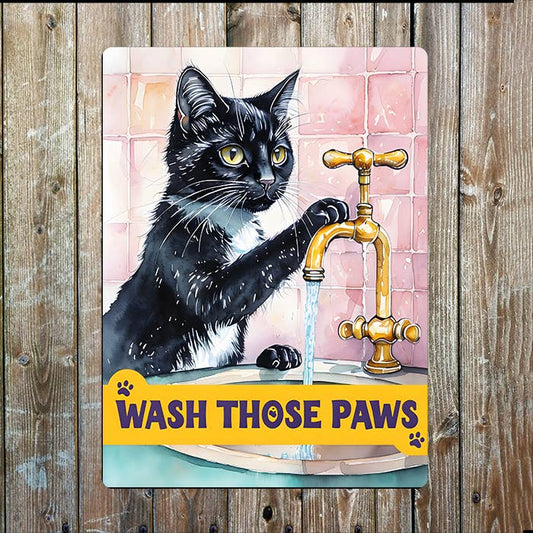 Watercolor Cat Wash Those Paws Hands | Metal Sign Plaque