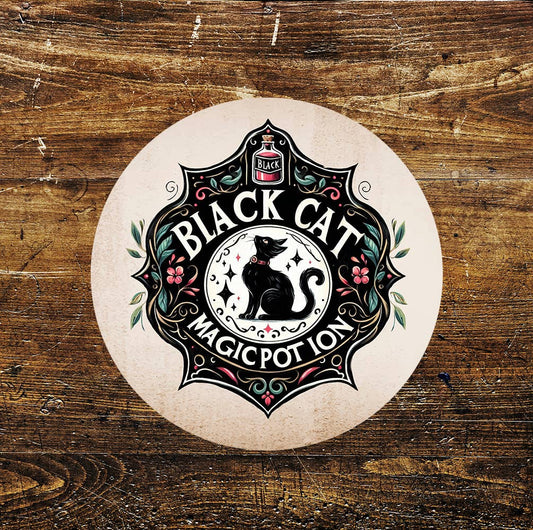 Black Cat Coffee Magic Pot Halloween Circle Metal Sign