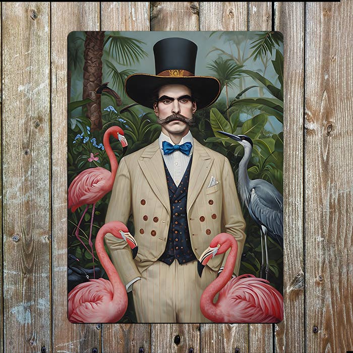 Dapperly Dressed Man Tropical Birds | Metal Sign Plaque