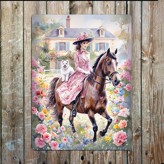 Woman Riding Brown Horse | Watercolour | Metal Sign Plaque