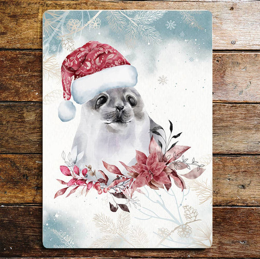 Seal Christmas Hat wall paper Art Metal Sign Plaque