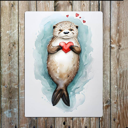 Otter Holding Heart Watercolour Spring | Metal Sign Plaque