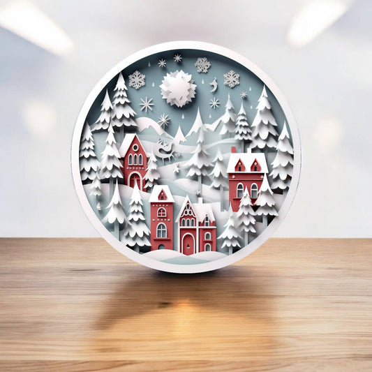 Village Snow Merry Christmas Decoration Circle Metal Sign