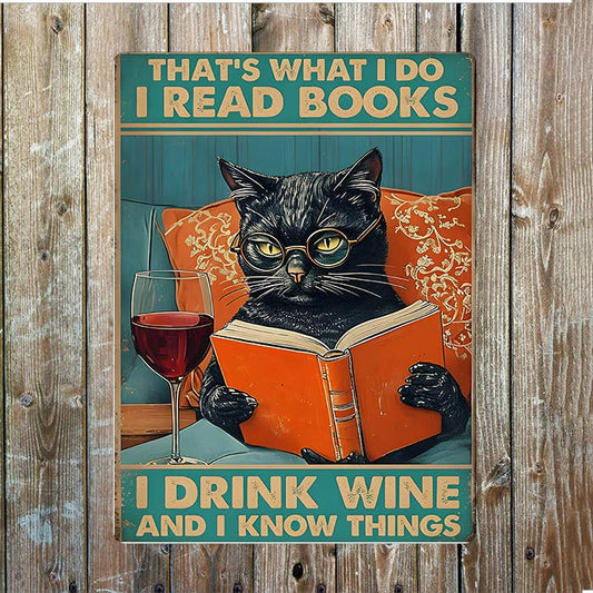 Read books drink wine know things Cat Metal Sign Plaque