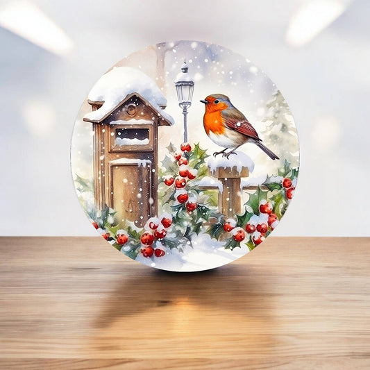Robin Watercolour postbox Winter Xmas Circle Metal Sign