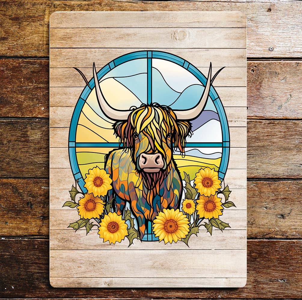 Highland Cow art Sunflowers | Metal Wall Sign