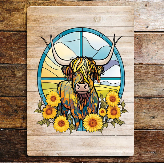 Highland Cow art Sunflowers | Metal Wall Sign