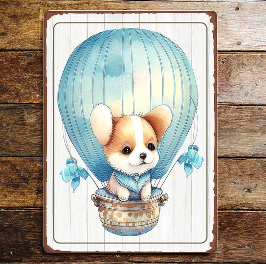 Cute Puppy In Hot Air Balloon Blue | Metal Sign Plaque
