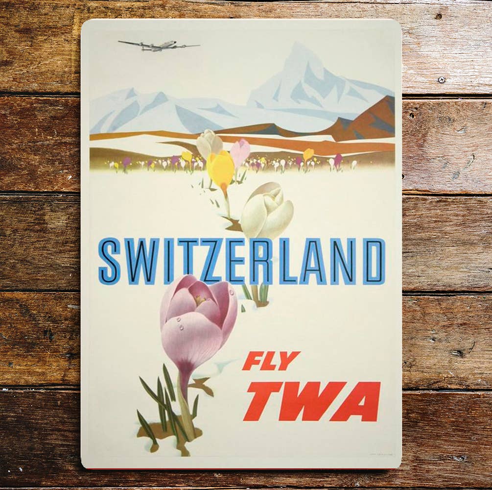 Switzerland Fly TWA Metal Travel Wall Sign