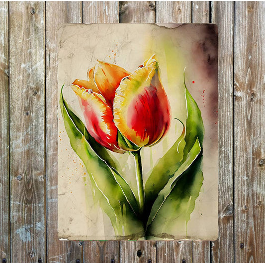 Red Yellow Tulip Flower Portrait Metal Sign Plaque