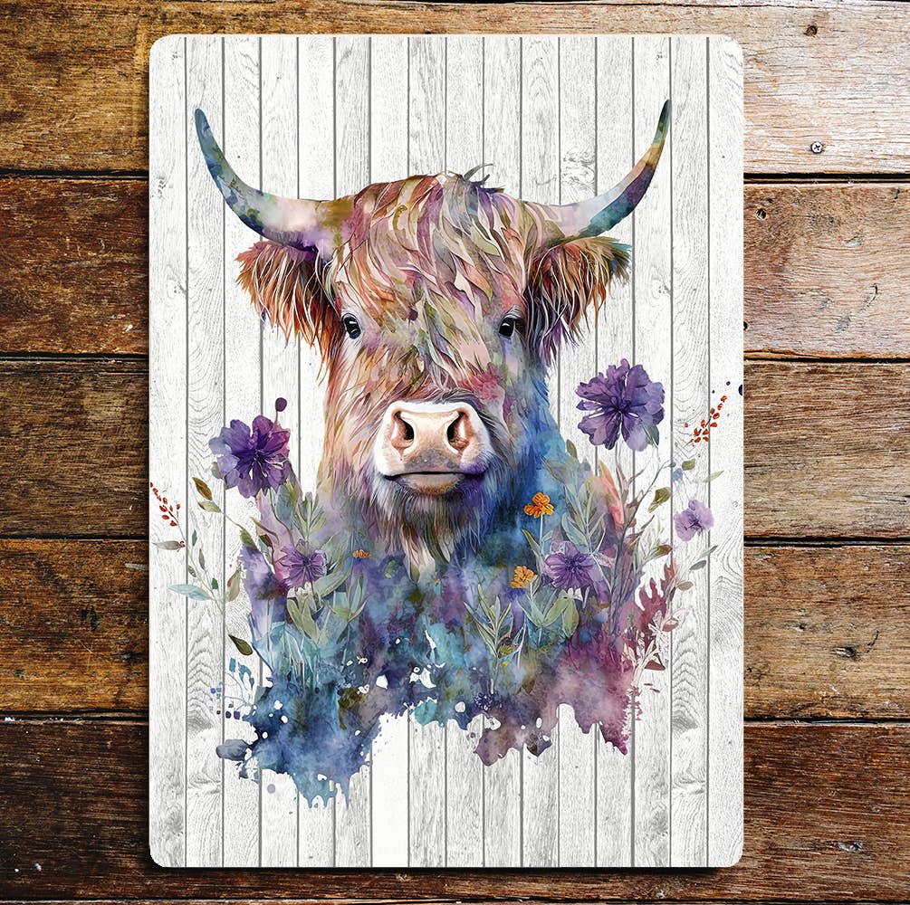 Adult Highland Cow Purple Flowers | Metal Sign Plaque
