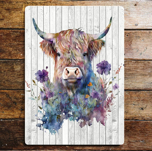 Adult Highland Cow Purple Flowers | Metal Sign Plaque
