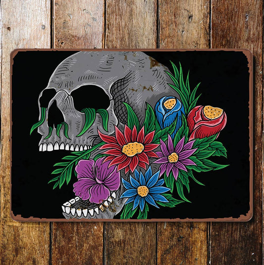 flower skull | Metal Wall Sign Plaque