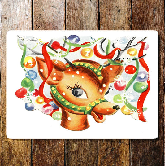 Cartoon Deer Baubles Ribbon Christmas | Metal Sign Plaque