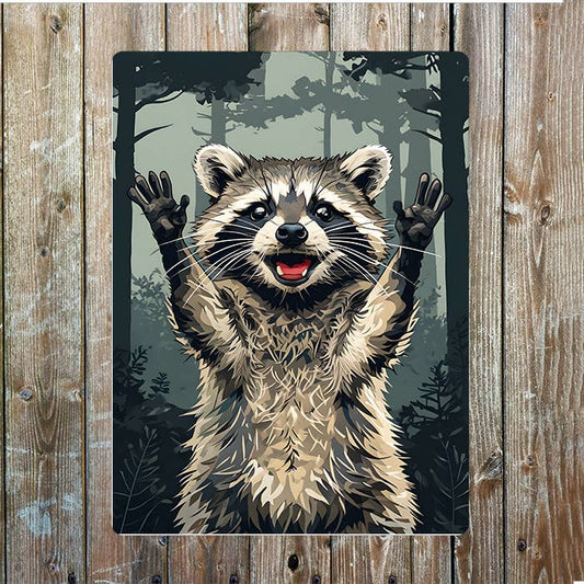 Cheerful Raccoon Waving | Metal Sign Plaque