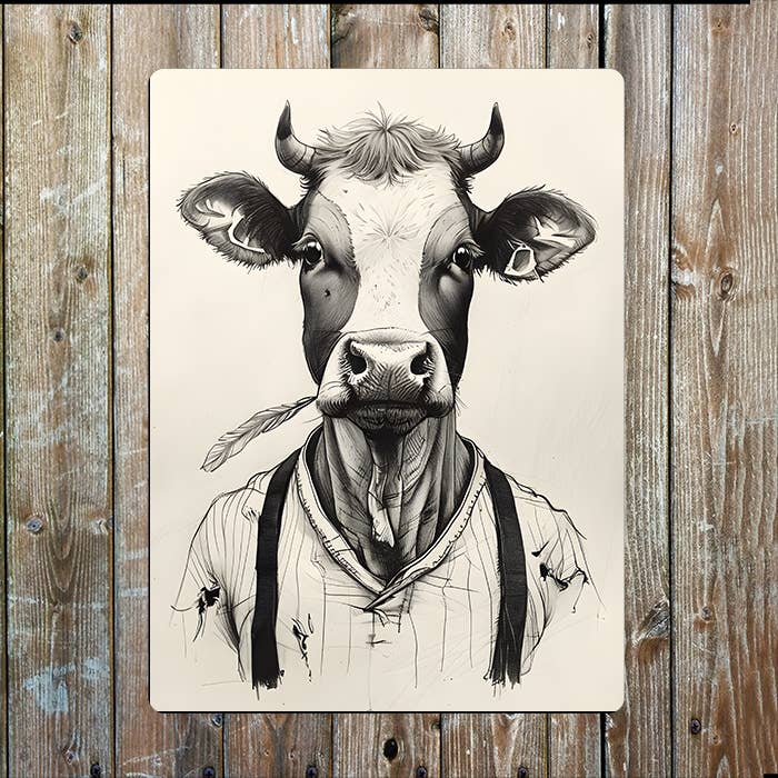 Cow Sketch Farming Clothing | Metal Sign Plaque