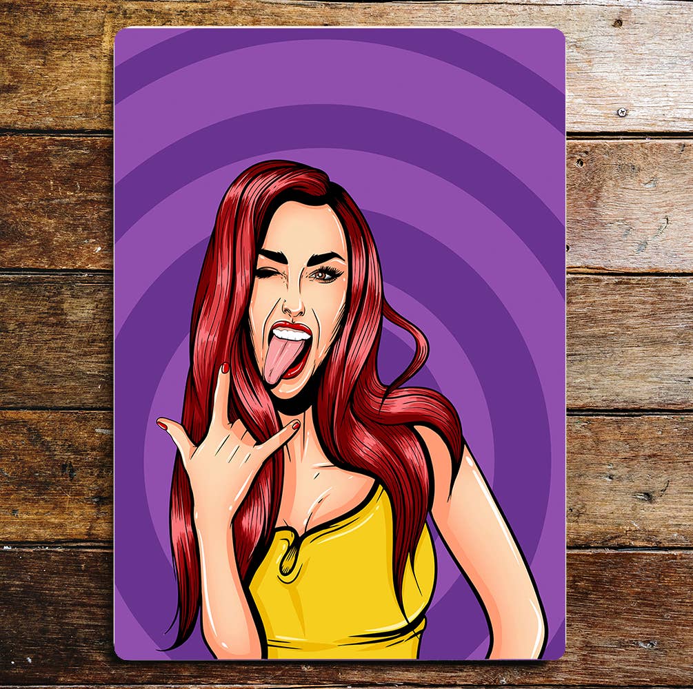 Red Hair Hip Girl Tongue Out Metal Sign Plaque
