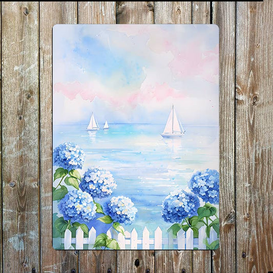 Watercolor Coastal Hydrangeas Sea Nautical | Metal Sign Plaque