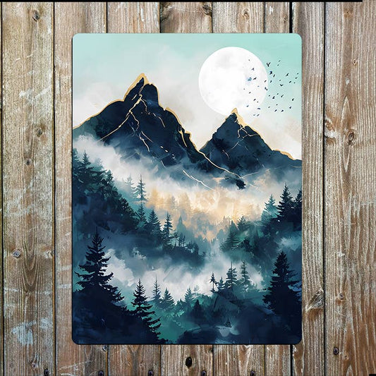 Serene Landscape Mountains Mist Forest Metal Sign Plaque