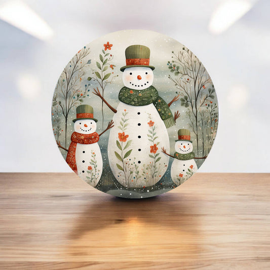 Snowman Snowmen Family Christmas Circle Metal Sign