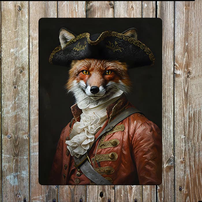 Animal Portrait Fox In Clothing | Metal Sign Plaque
