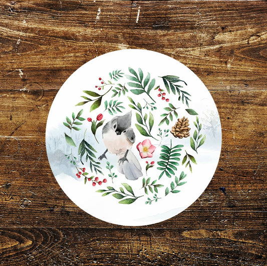 Bird Winter Leaves Cones Berries Flowers Circle Metal Sign