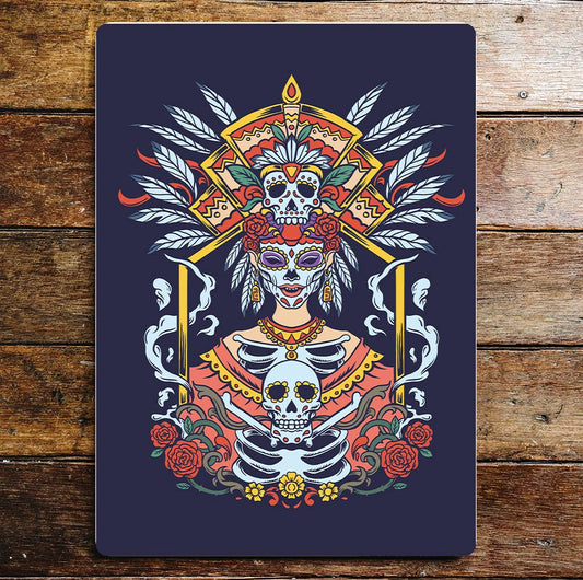 Day Of The Dead Skull Lady Flowers Roses | Metal Wall Sign