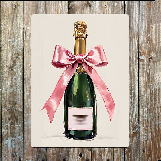 Champagne Bottle With Light Pink Bow | Metal Sign Plaque
