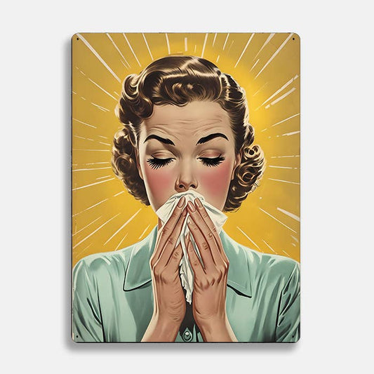 Woman Sneezing Vintage Retro | Metal Sign Plaque
