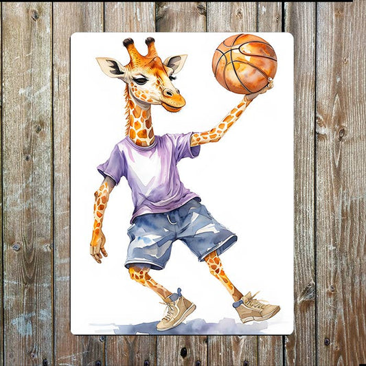 Whimsical Giraffe Playing Basketball | Metal Sign Plaque