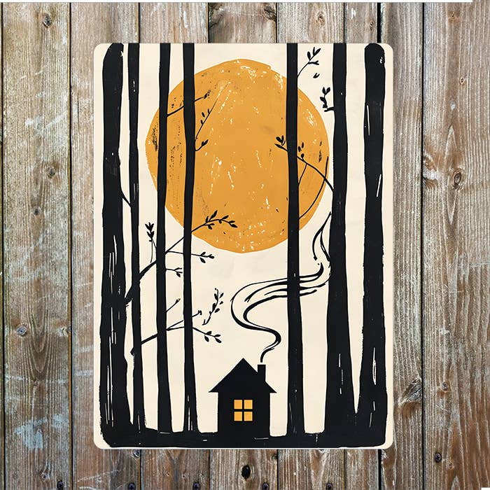 Woodcut Style Illustration Serene Forest | Metal Sign Plaque