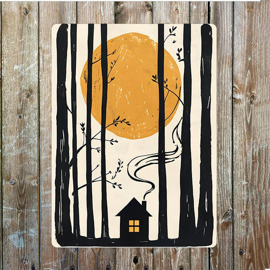 Woodcut Style Illustration Serene Forest | Metal Sign Plaque