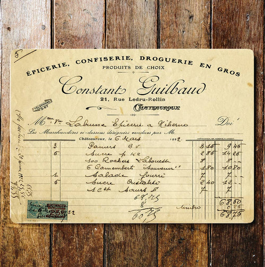 Constant Guilbaud 1922 Receipt | Metal Wall Sign