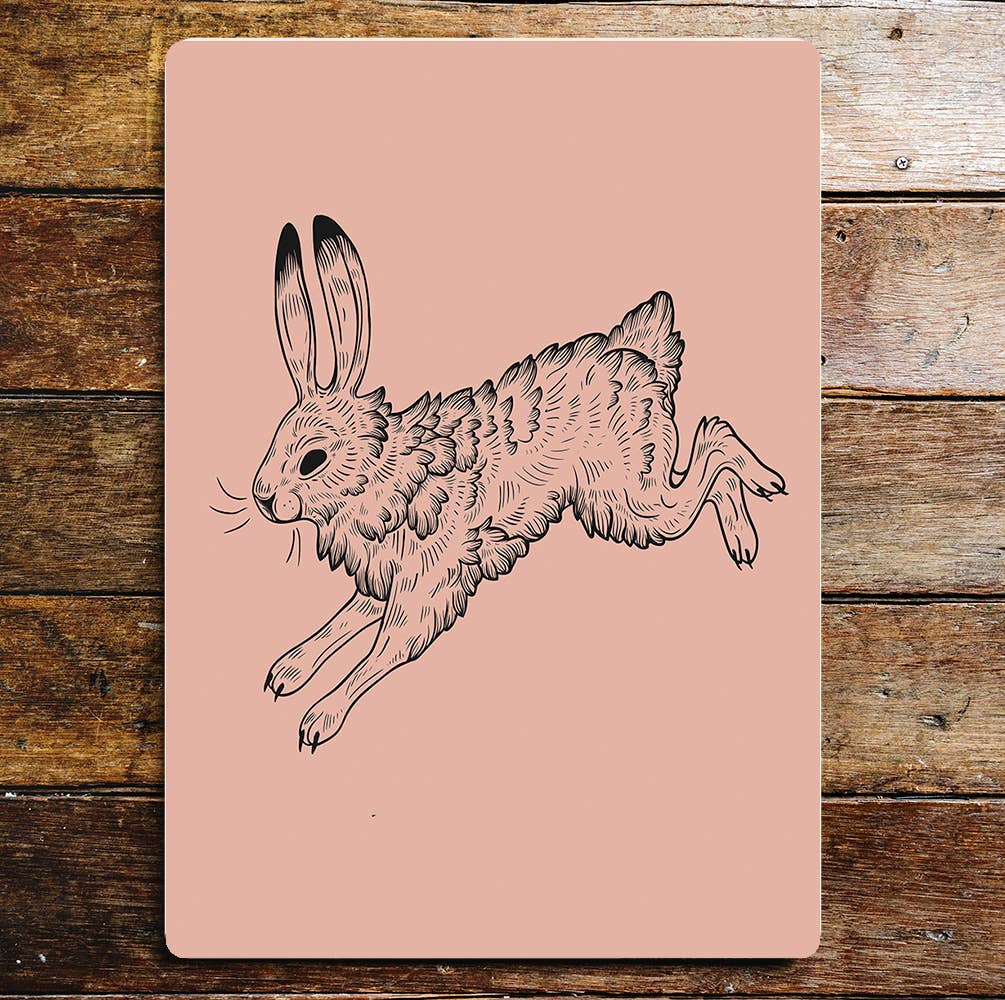 Rabbit Hare Running Pink Metal Sign Plaque