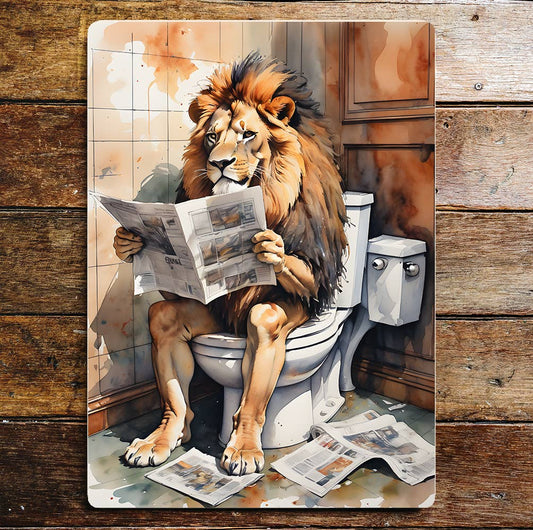 Newspaper Lion On the Toilet Bathroom | Metal Sign
