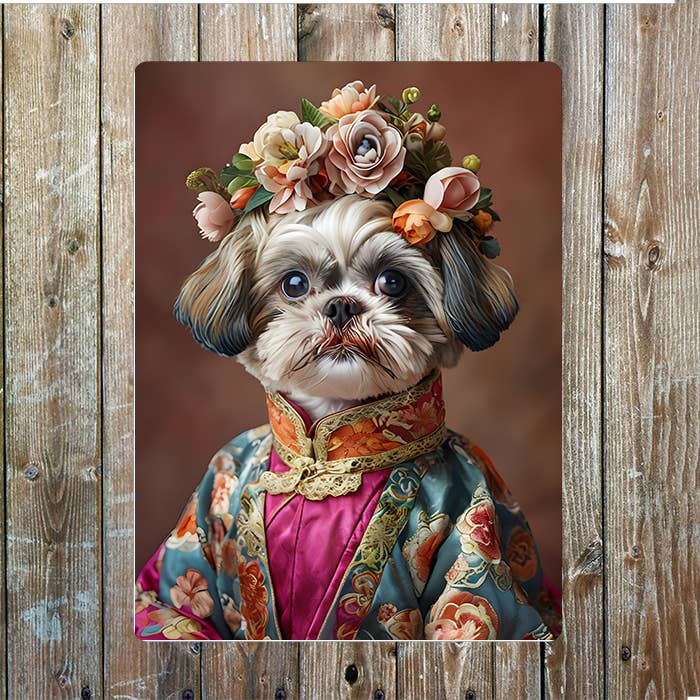 Fluffy Shih Tzu in Floral Crown Clothes | Metal Sign Plaque