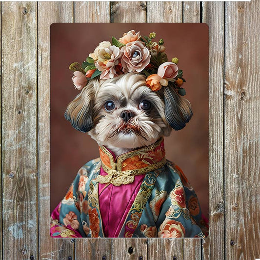 Fluffy Shih Tzu in Floral Crown Clothes | Metal Sign Plaque