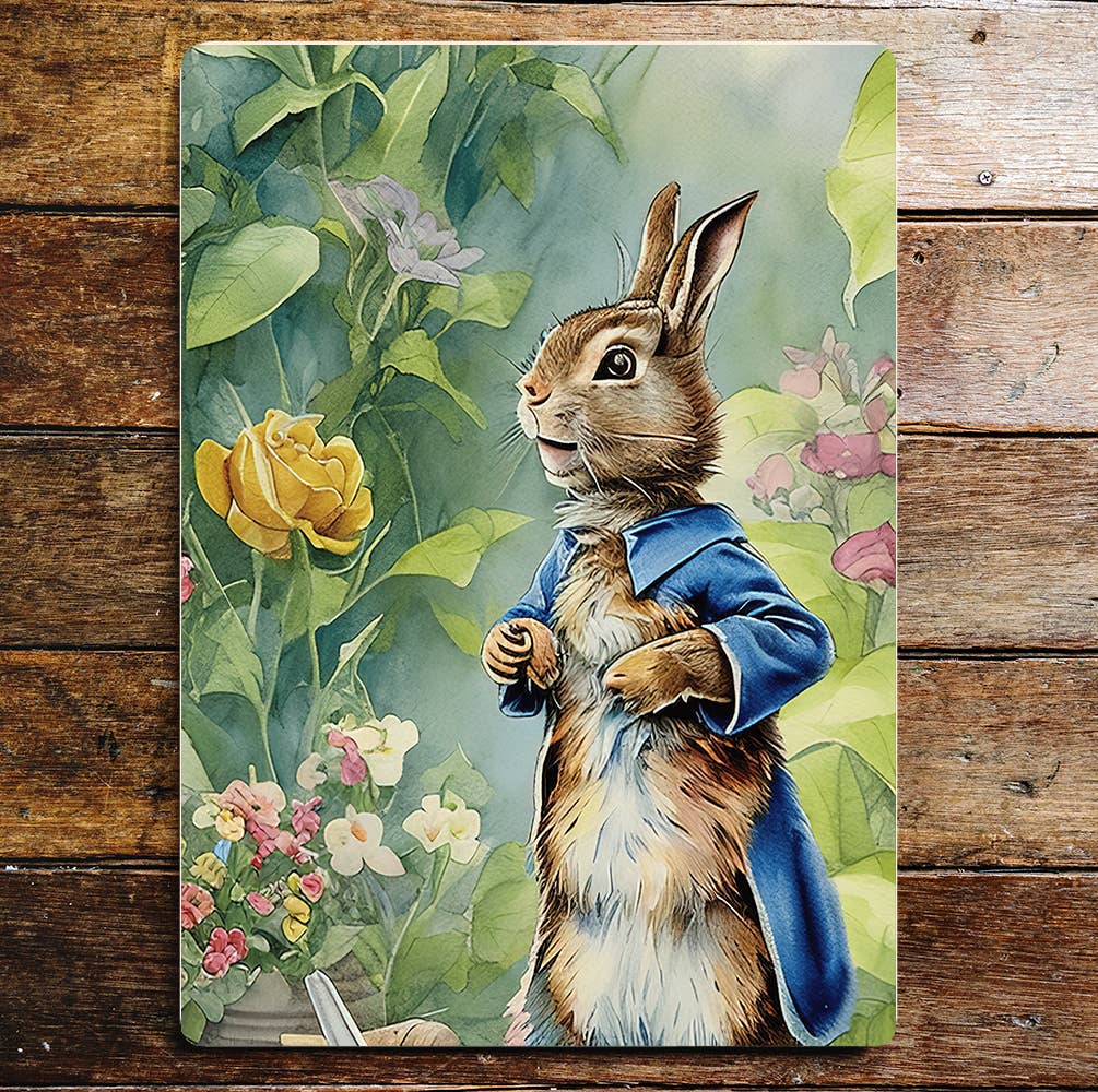 Rabbit In Jacket Flower Yellow Rose Metal Wall Sign