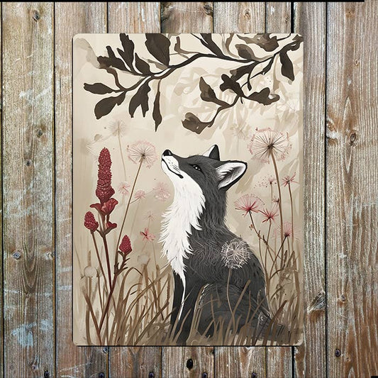 Gray Fox Lush Grasses And Flowers Meadow | Metal Sign Plaque