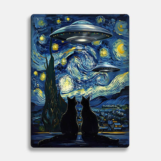 Cats Under Starry Night With UFO Alien UFO | Metal Sign Plaque