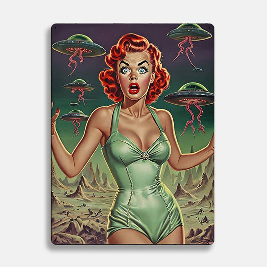 Woman With Red Hair Space Ship Alien UFO | Metal Sign Plaque