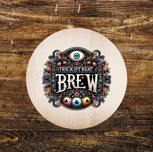 Trick or Treat Brew Coffee Halloween Circle Metal Sign