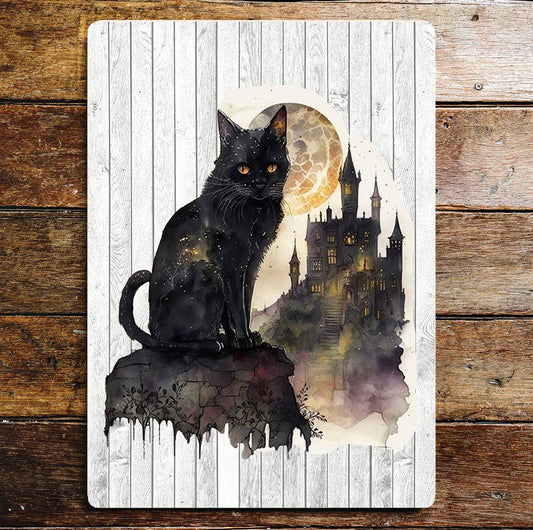 Black Cat Full Moon Enchanted | Metal Sign Plaque
