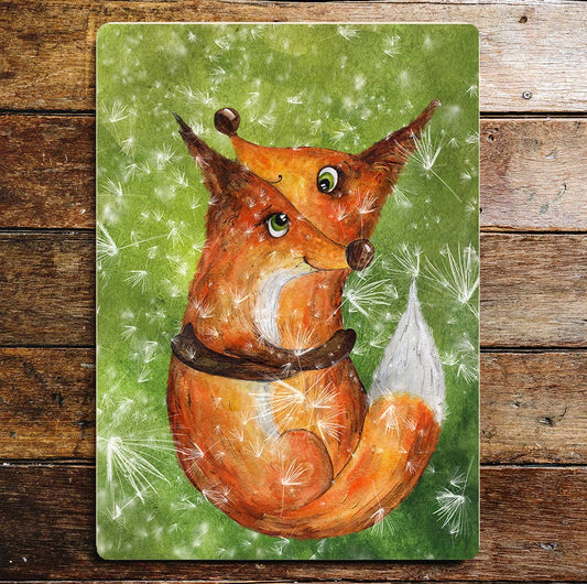Cute Cuddling Foxes Green Eyes Animals | Metal Sign Plaque