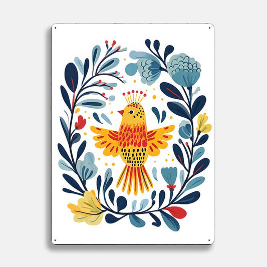 yellow bird Flowers scandinavian folk | Metal Sign Plaque