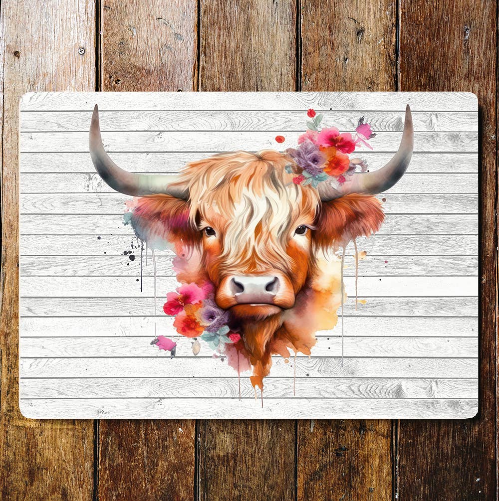Highland Cow Portrait Flowers Art | Metal Sign Plaque