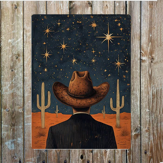 Desert Night Stars Cacti Cowboy Western | Metal Sign Plaque