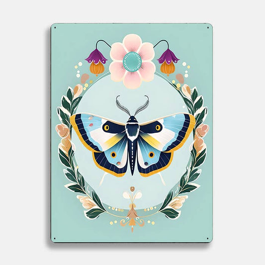 Moth Floral Wreath scandinavian folk | Metal Sign Plaque