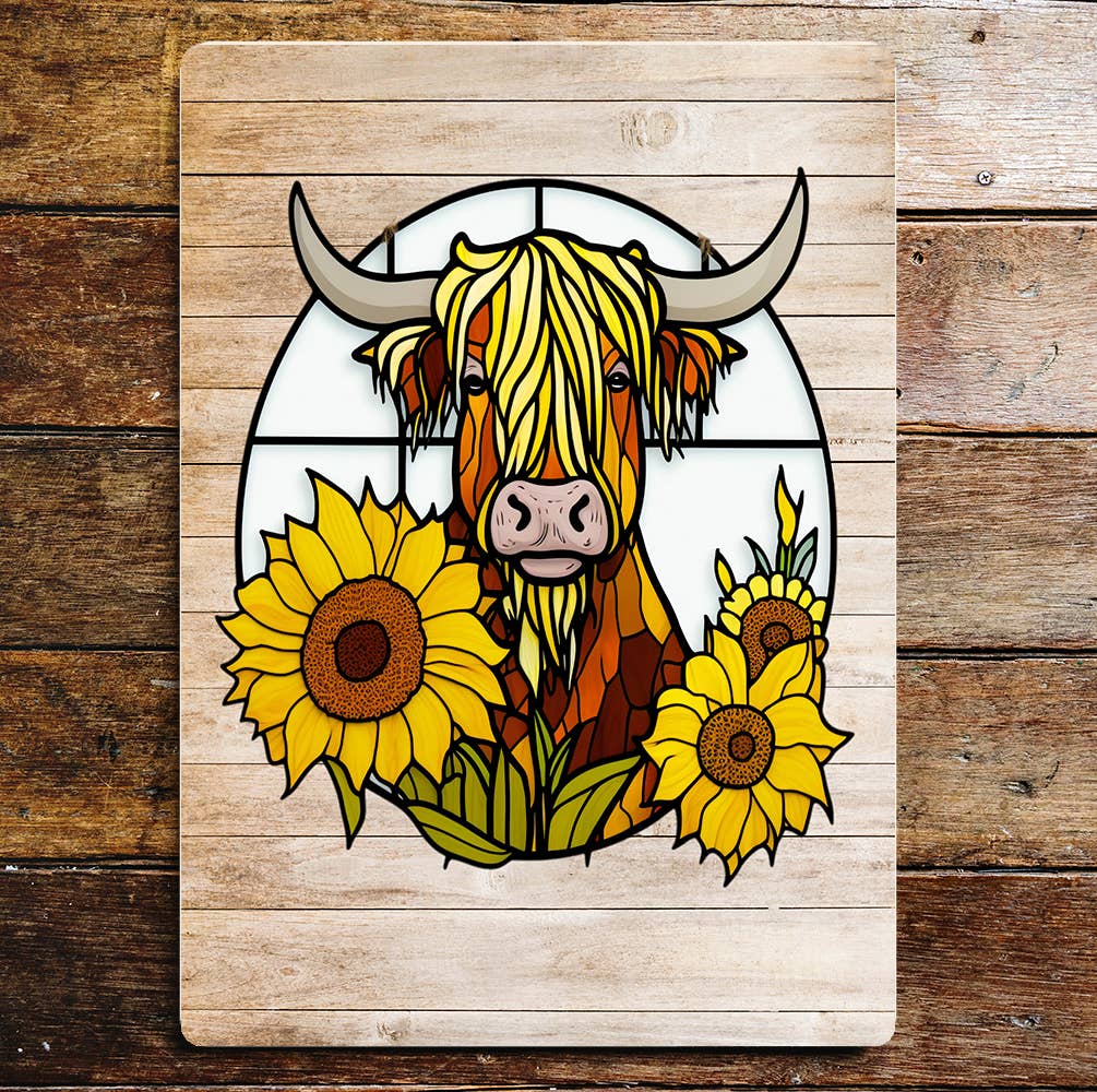 Highland Cow Flowers, yellow | Metal Wall Sign